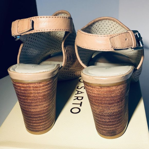 Franco Sarto Tan Leather Perforated Sling Back Heeled Sandals 10M - Picture 5 of 11